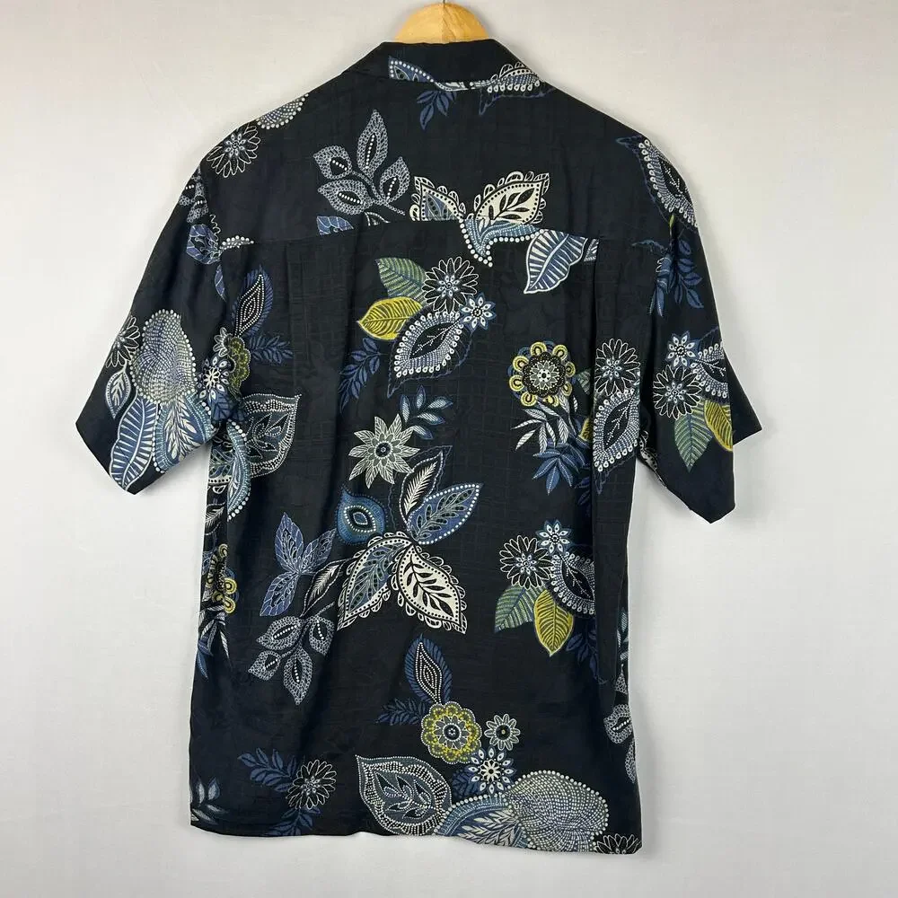 Tommy Bahama Floral 100% Silk Button Down Shirt Blue Beach Tropical Men's Size M